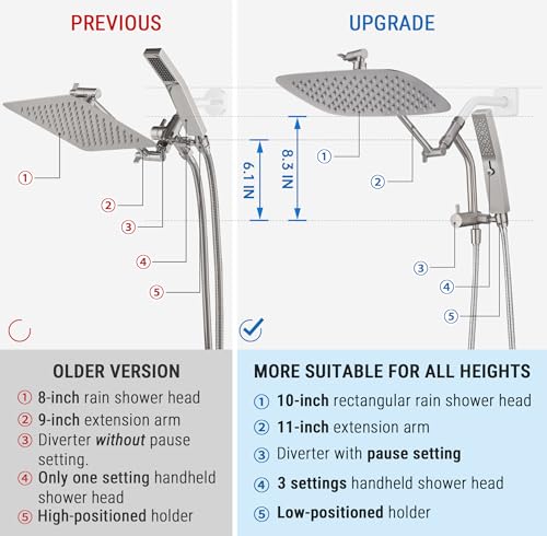 G-Promise 10 Inch All Metal Rain Shower Head with Handheld (Brushed Nickel) | Suits Every Height, Pause Mode Diverter, Massage Mode Handheld, Full Body Coverage, Easy to Install, Modern Bath Upgrade - color: Brushed Nickel, size: 10 Inch