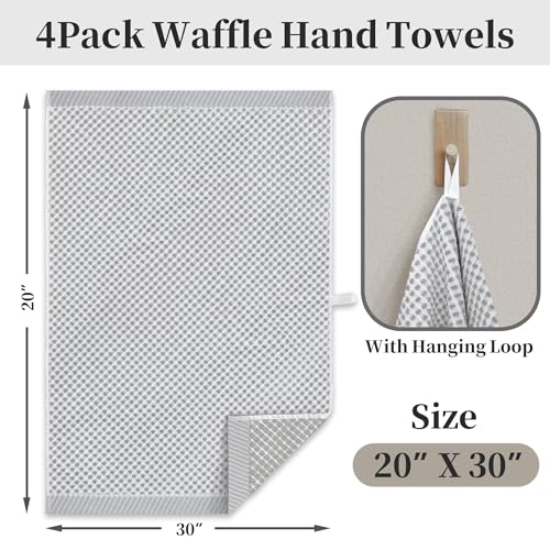 VOOVA & MOVAS 100% Cotton Waffle Large Hand Towels 4PC – Luxury Hand Towels with Hanging Loop 20"x30" | Soft | Absorb | Quick Dry | Lightweight, Durable Bathroom Essentials, White and Gray Waffle - color: White + Gray, size: 4PC Hand Towels
