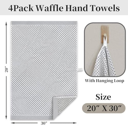 VOOVA & MOVAS 100% Cotton Waffle Large Hand Towels 4PC – Luxury Hand Towels with Hanging Loop 20"x30" | Soft | Absorb | Quick Dry | Lightweight, Durable Bathroom Essentials, White and Gray Waffle - color: White + Gray, size: 4PC Hand Towels