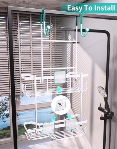 HapiRm Hanging Shower Caddy Over the Door with Soap Holder, No Drilling Adhesive Shower Organizer with 11 Hooks, Rustproof & Waterproof 304 Stainless Steel Bathroom Shelves - White - color: White-2