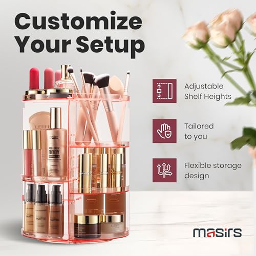 Masirs 360 Rotating Makeup Organizer Countertop, Adjustable Shelf, Pink | 360-Degree Rotating Makeup Organizer, Adjustable Shelf Height, Cosmetic Perfume Skincare Storage, Vanity Countertop, Pink - color: Pink