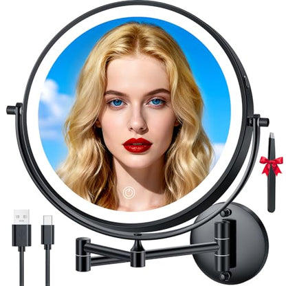 Auxmir 10″ 5000mAh 1X/30X Wall Mounted Lighted Magnifying Makeup Mirror | Double‑Sided Button, Rechargeable, 3 Dimmable Colors, 360° Rotation, Extended Arm, 30X Magnification, Bathroom, Black - color: 10'' 30x-black