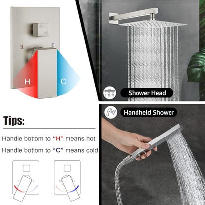 Midanya Shower Faucet Set with Handheld Sprayer,10 Inch,Brushed Nickel | Rough-in Shower Valve and Trim Kit Included,Square Rain Head,Wall Mount Shower System,All Metal,Bathroom - color: Nickel, size: 10 Inch