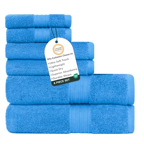 Feather & Stitch 100% Cotton Bath Towel Set of 6, 625 GSM Ultra Soft Highly Absorbent 2 Bath Towels, 2 Hand Towels & 2 Washcloth - Luxury Quick Dry Shower Towels. (Deep Cyan) - color: Deep Cyan