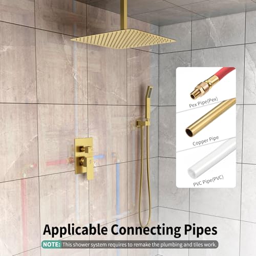 SR SUN RISE 16 Inch Ceiling Mounted Shower System Rain Mixer Shower Combo Set Rainfall Shower Head System Brushed Gold Shower Faucet Rough-in Valve Body and Trim Included - color: Brushed Gold, style: 16 inch