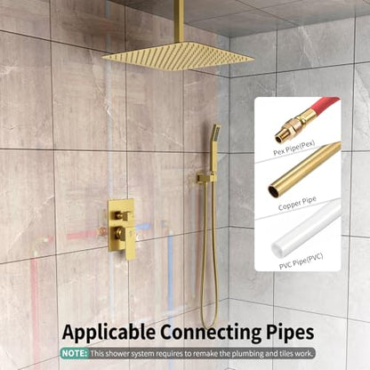 SR SUN RISE 16 Inch Ceiling Mounted Shower System Rain Mixer Shower Combo Set Rainfall Shower Head System Brushed Gold Shower Faucet Rough-in Valve Body and Trim Included - color: Brushed Gold, style: 16 inch