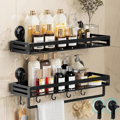 Suction Cup Shower Caddy with 5 Hooks & Towel Rrack 11.8inch Black | No Drilling Shower Organizer with Large Capacity, Rust-resistant Bathroom Organizer, With 2 Backup Suction Cups (2-Pack) - size: 11.8 inches(2-Pack US)