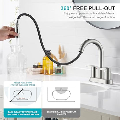 Brushed Nickel Pull Down Bathroom Faucet, 4 Inch 2 Handle Centerset | Pull Out Bathroom Faucet with Pop Up Drain & Supply Lines, Lead-Free cUPC & NSF Certified, 3 Hole Faucet for Vanity RV Bar - color: Brushed Nickel