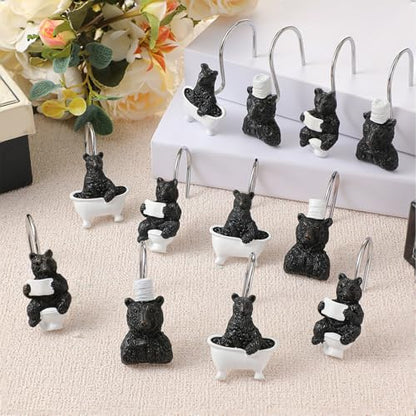 Roowest 12 Pcs Black Bear Shower Curtain Hooks Funny Bear Shower Curtain Hooks Stainless Steel Rust Resistant Rings Hangers for Winter Farmhouse Rustic Bathroom Decor - style: Black Bear