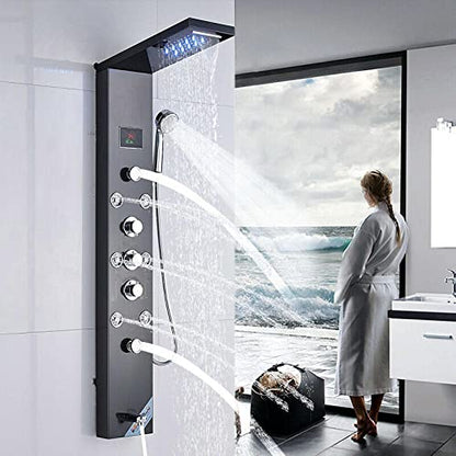 LED Light Shower Panel Tower Rainfall Waterfall Shower Head with Massager Jets Body System Jet
