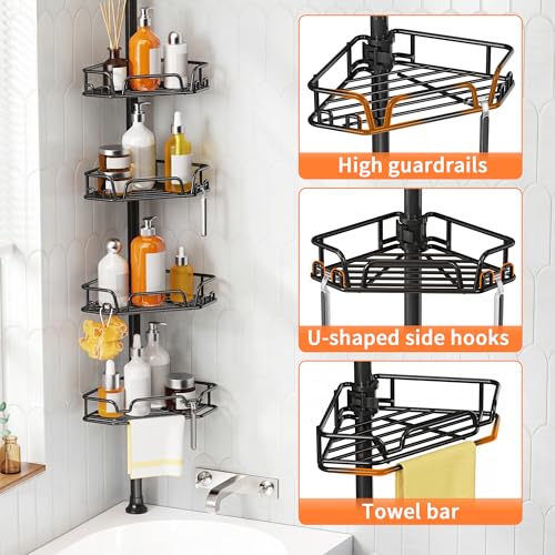 KEGII Corner Shower Caddy Tension Pole, Large Capacity Organizer, Black | Easy Installation with Towel Bar and Hooks, Adjustable 25-114.2 inch Rod for Shampoo, Bath Essentials and Family Bathrooms