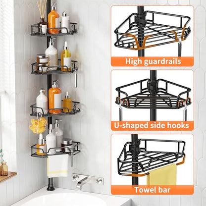 KEGII Corner Shower Caddy Tension Pole, Large Capacity Organizer, Black | Easy Installation with Towel Bar and Hooks, Adjustable 25-114.2 inch Rod for Shampoo, Bath Essentials and Family Bathrooms