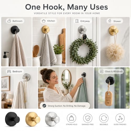Suction Cup Hooks Removable Shower Hooks, 4Pcs Metal Towel Hooks for Bathroom Window Glass Wall Door Can Hang Various Towels Bath Towels Keychains, Gold Front Door Wreath Hanger, No-Drill Waterproof - color: Gold