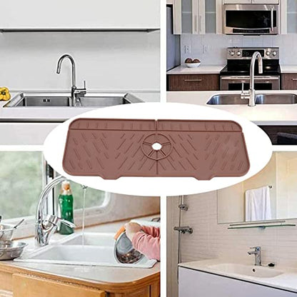OUKENS Sponge Holder, Brown Silicone Washable Countertop Water Absorbent Faucet Mat for Kitchen Sink, Bathroom, RV, Reusable Splash Guard & Drip Catcher Tray