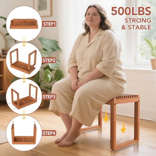 23.7" Teak Shower Bench, Solid Wood Bathroom Stool for Shower & Spa | Waterproof Solid Teak Shower Bench, Adds Spa-inspired Seating and Timeless Style to Bathrooms, Non-slip, Indoor & Outdoor Use - size: Upgraded-Large