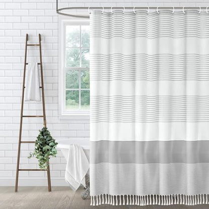 Grey Farmhouse Cotton Striped Shower Curtain with Tassel 72"W X 84"L | Boho Farmhouse Shower Curtains for Bathroom with Soft Cotton Feel - color: Grey, size: 72"W x 84"L
