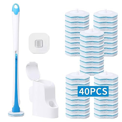 Disposable Toilet Brush with 40PCS Refills, Wall Mounted Compact Bathroom Bowl Wand Cleaning System Long Handle with Storage Caddy