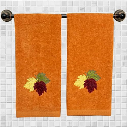 Serafina Home Fall Hand Towels: Farmhouse Terracotta Rust with Autumn Leaves of Burgundy Green and Yellow Design, 100% Cotton, 2 Piece Set, 16" x 25" - color: Leaves