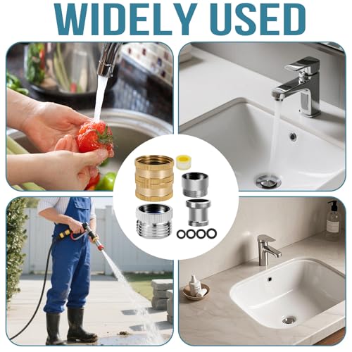 4Pcs Brass Faucet to Hose Adapter with Aerator, Sink Hose Adapter Set with Washers & Tape – Fits G1/2" Female, 55/64" Female, and 15/16" Male, Connects to 3/4" GHT Garden Hoses - color: Gold