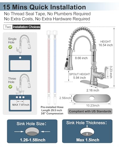 Pull-down Sprayer Kitchen Faucets Brushed Nickel 3 Mode Single Hole Kitchen Faucet 3 Hole, 360 Degree Swivel Stainless Steel Faucet for Kitchen Sink, 1 Handle Kitchen Sink Faucet with Deck Plate - color: Brushed Nickel - Modern
