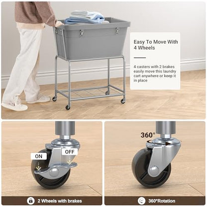 ELYKEN Rolling Laundry Hamper with Wheels, Removable Bag, Laundry Cart | 32-Gallon (122L), 2-Tier Clothes Basket with Shelf, Metal Frame, Ideal for Closet, Bedroom, Bathroom & Laundry Room, Gray - color: Gray, size: 27.4"L x 19.9"W x 30.9"H