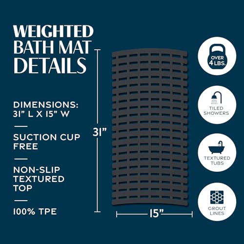 SlipX Solutions 31"x15" Weighted Non Slip Bath Mat for Textured Tubs, Black | No Suction Cup Design, Safe For Refinished Bathtubs & Showers, Doesn't Float, Stays Put On Tile, Texture, & Stone - color: Black