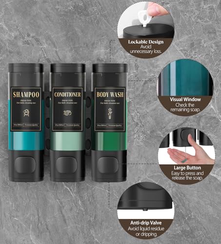 Luxspire Shampoo and Conditioner Dispenser, Shower Soap Dispenser 3-Chamber | Lockable Large Capacity 900ml No-Drill Wall-Mounted Shampoo and Body Wash Dispenser for Bathroom Hotel Kitchen Airbnb - color: Classic Black, size: 3 Chamber