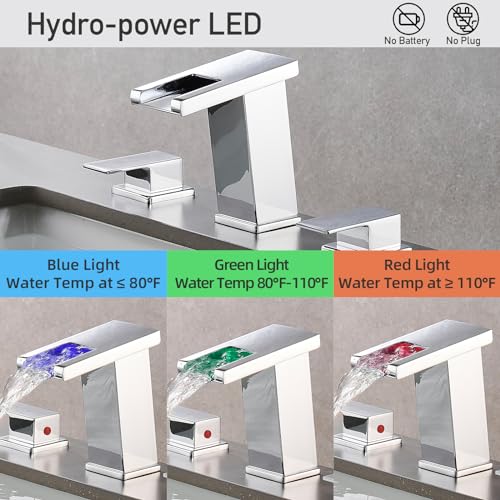 LED Bathroom Faucet 3 Hole, Chrome Waterfall Bathroom Faucets, 8 Inch Widespread Modern Bathroom Sink Faucet & Parts, Wide Spread Touch On Three Hole 2 Handle 3 Piece Bathroom Vanity Faucet - color: Chrome