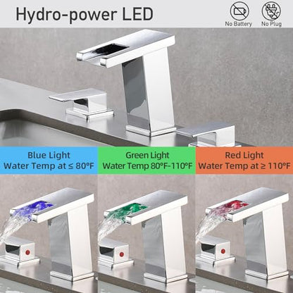 LED Bathroom Faucet 3 Hole, Chrome Waterfall Bathroom Faucets, 8 Inch Widespread Modern Bathroom Sink Faucet & Parts, Wide Spread Touch On Three Hole 2 Handle 3 Piece Bathroom Vanity Faucet - color: Chrome