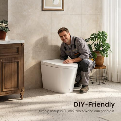 HOROW Non-Electric Bidet Toilet with Auto Flush, Tankless One-Piece Toilet with Powerful Flush, 1.22 GPF Water Saving, Battery Operated, No Rewiring, Suitable for No Outlet Bathrooms, 12" Rough-In