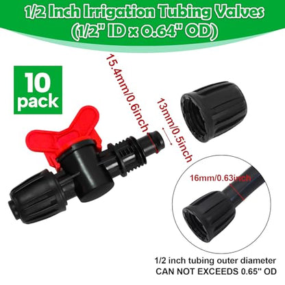 10 Pack 1/2 Inch Drip Irrigation Valve Fittings (1/2" ID x 0.65" OD) - 1/2'' Drip In-Line Shut Off Valve Anti-Drop Barbed Lock Nut Flow Control Valve Connectors for 1/2 Inch Drip Tubing - size: 1/2" Drip Valve