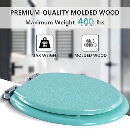 Angol Shiold Glitter Toilet Seat Molded Wood Round Toilet Seat with Quietly Close and Quick Release Hinges, Easy to Clean also Easy to Install (Round 16.5'', Green) - color: Green, size: Round 16.5‘’