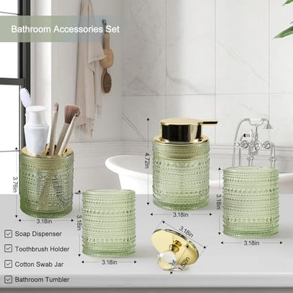 DASITON Bathroom Accessories Set,4Pcs Glass Bathroom Counter Set with Foaming Soap Dispenser,Toothbrush Holder,Bathroom Tumbler,Cotton Swab Jars, for Vanity Bathroom Decor(Green A) - style: Green A