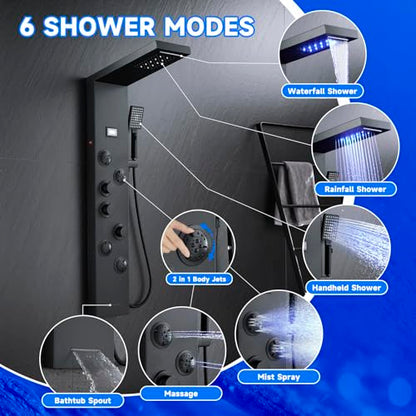 5-in-1 LED Shower Panel Tower System Matte Black Stainless Steel | Rainfall + waterfall | 4 body jets | Handheld shower | LED lights | Wall mount - color: Matte Black