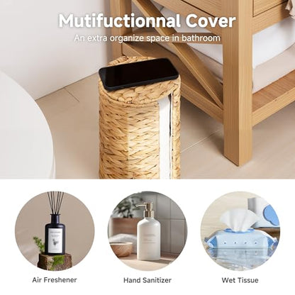 StorageWorks Water Hyacinth Free Standing Toilet Paper Holder Stand for Bathroom, 3 Rolls of Toilet Tissue Storage with a Built-in Cloth Lining, Toilet Roll Holder Stand with Lid | Decorative 3 Rolls of Toilet Tissue Storage with a Built-in Cloth Lining,