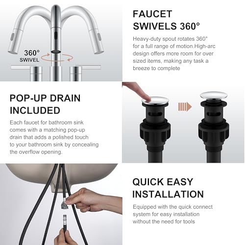 Chrome Centerset 2 Handle Pull Down Bathroom Faucet with Sprayer | Pull Out Bathroom Faucet with Pop Up Drain & Supply Lines, Lead-Free cUPC & NSF Certified, 3 Hole Faucet for Vanity RV Bar - color: Chrome