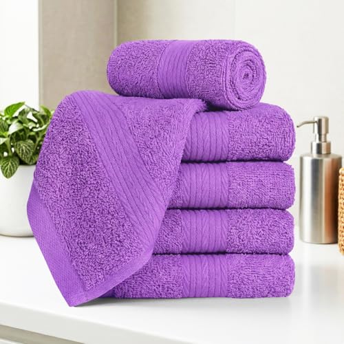 100% Cotton Washcloths 12x12 Inches, 600 GSM, Soft & Absorbent, Durable, Set of 5, Purple - color: Purple, size: Washcloth Set of 5