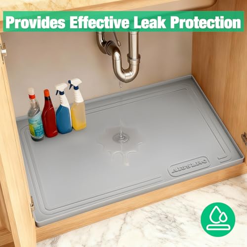Aisslro Under Sink Mat 28" X 19", Waterproof Silicone Under Sink Mats for Kitchen, Anti-Leak Shelf Liner & Cabinet Protector with Raised Edge, [BPA Free] Bathroom Tray Home Organizer, Grey | BPA-Free Raised-Edge Cabinet Protector & Leak Tray for Bathroom