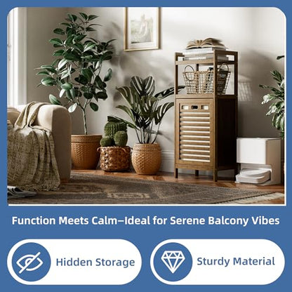 HITNET Bamboo Tilt Out Laundry Hamper, Bathroom Storage Cabinet with Hidden Removable Basket and 2 Open Shelves, Space Saving Bamboo Storage for Clothes, Towels and Toys, Walnut - color: Walnut