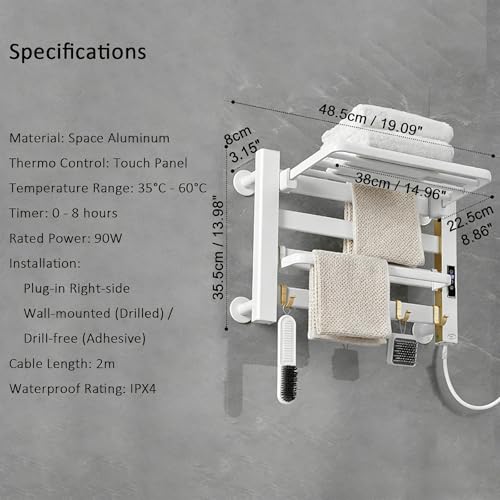 Towel Warmer Rack, Space Aluminum Electric Heated Towel Racks for Bathroom, 4 Bars Wall Mounted Bath Towel Heater with Built-in Timer&Temperature Adjustment, Plug-in, White&Gold - color: White&gold