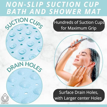 ENKOSI Non-Slip Bath & Shower Mat 40x16 Extra Long, Suction & Drain Holes | Light Blue color; Durable PVC; 40x16 in, Light Blue - color: Light Blue