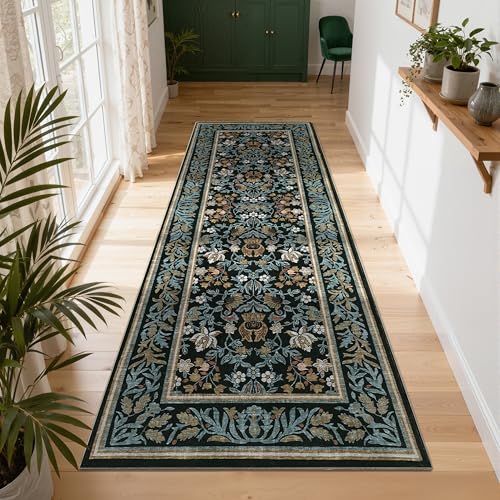GarveeHome Kitchen Runner Rug 2.5x10 Runner Rug Non Slip Washable Runners for Hallways, Boho Vintage Rugs with Rubber Backing Soft Low-Pile Indoor Carpet for Entryway Bedroom Blue Black - color: Blue Black, size: 2'6" x 10' (Rectangular)