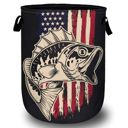 American Flag Bass Fish Laundry Basket, Laundry Hamper Collapsible Oxford Cloth with Handle Clothes Storage Bin for Bathroom Laundry Room Bedroom 15.7 X 20 Inch - color: American Flag Bass Fish