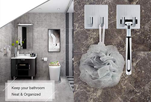 Adhesive Hooks Razor Holder Heavy Duty Wall Hooks Stainless Steel Waterproof Hanger For Kitchen Bedroom Bathroom,Stick on Hook Antiskid Hangers Double Hanging Towel Robe Coat Key Brushed Nickel 2-Pack