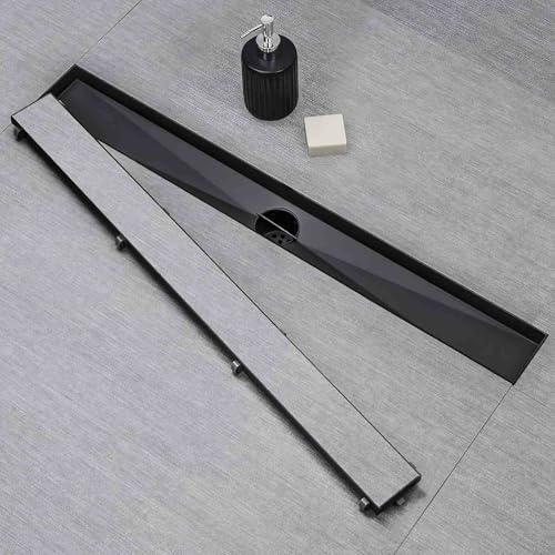 SaniteModar Linear Shower Drain 20 inch Matte Black with Tile Insert Panel | AISI 304 Stainless Steel Black Linear Dain Rectangle Shower Floor Drain with Hair Strainer and Leveling Feet - color: Black Tile Insert Grate, size: 20 inch
