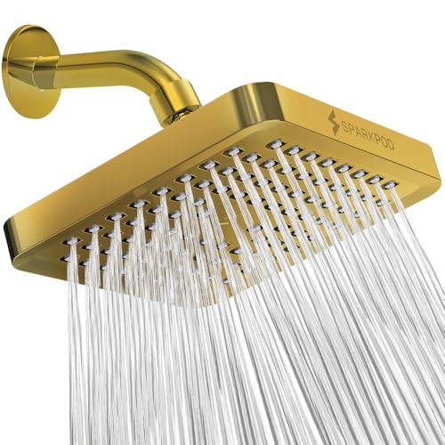 SparkPod Rain Shower Head, 6 Inch Square, Egyptian Gold Finish | High Pressure Shower Heads, 90 Nozzles, Adjustable Showerhead, No Tools Needed, Universal Connection - color: Egyptian Gold, style: 6 Inch Square