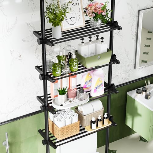 Bonpally Over The Toilet Storage Shelf, 4-Tier Adjustable Bathroom Organizer, No Drill Tension Mounted Shelves, Space-Saving Bathroom Cabinet Rack Above Toilet for Small Rooms, Black - color: Black