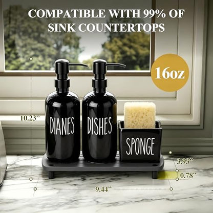 Cisily Black Soap Dispenser Set with Ceramics Sponge Holder, Kitchen Decor | Black Stainless Steel Pumps, Instant Dry Tray - color: Black Pump + Black Sponge Holder
