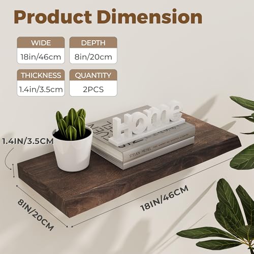 18 inch Floating Shelves for Wall Live Edge, Walnut, 2PCs | 8'' D Rustic Solid Elm Wood, Wall Mounted, Wall Shelves, Invisible Bracket, Living Room Bedroom Kitchen - color: Walnut Live Edge, size: 18x8x1.4in, Set of 2