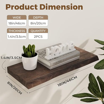 18 inch Floating Shelves for Wall Live Edge, Walnut, 2PCs | 8'' D Rustic Solid Elm Wood, Wall Mounted, Wall Shelves, Invisible Bracket, Living Room Bedroom Kitchen - color: Walnut Live Edge, size: 18x8x1.4in, Set of 2